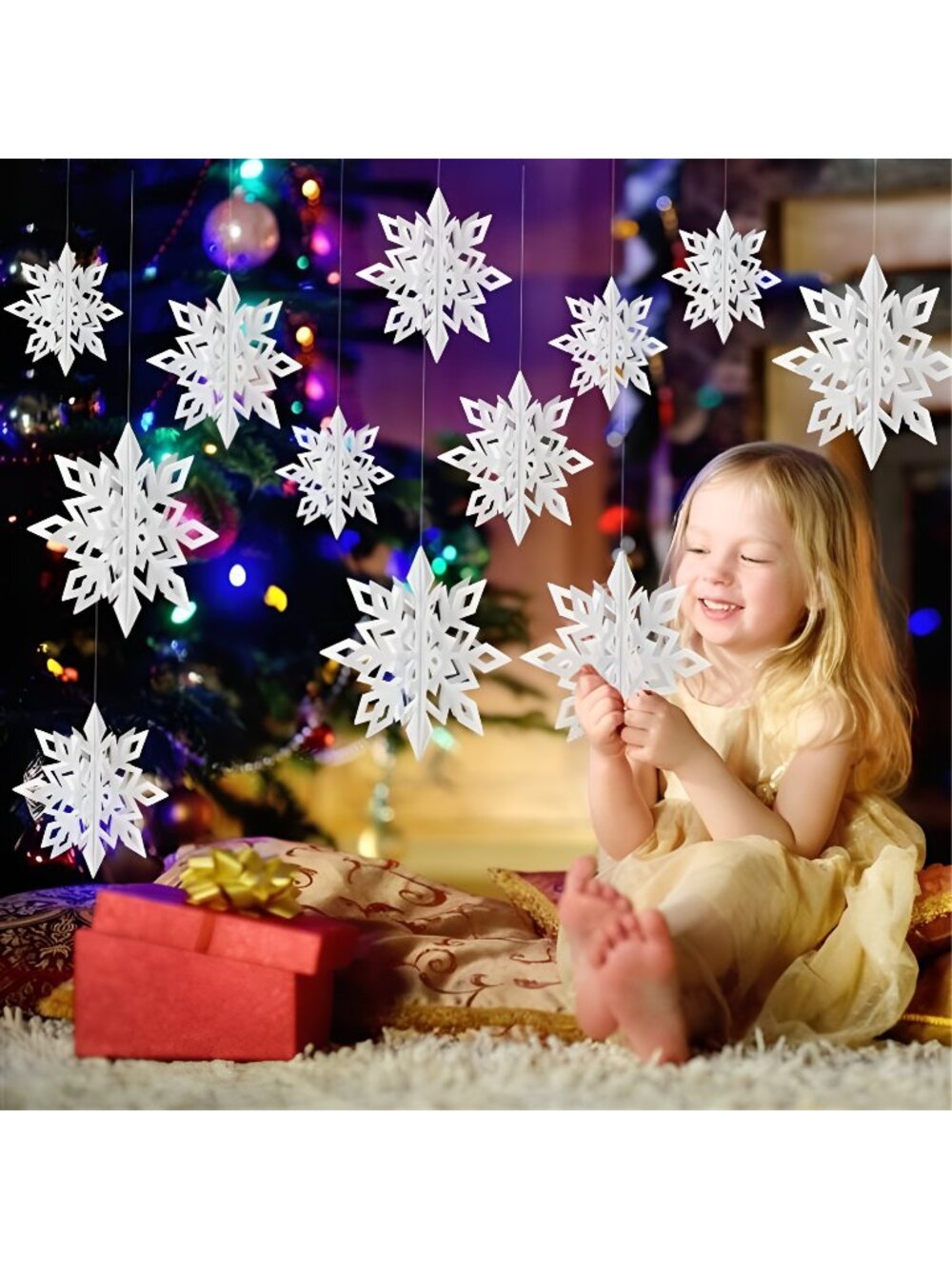 12Pcs 3D Glittery Large White Snowflake Garland, 12 PCS White Snowflake Garland